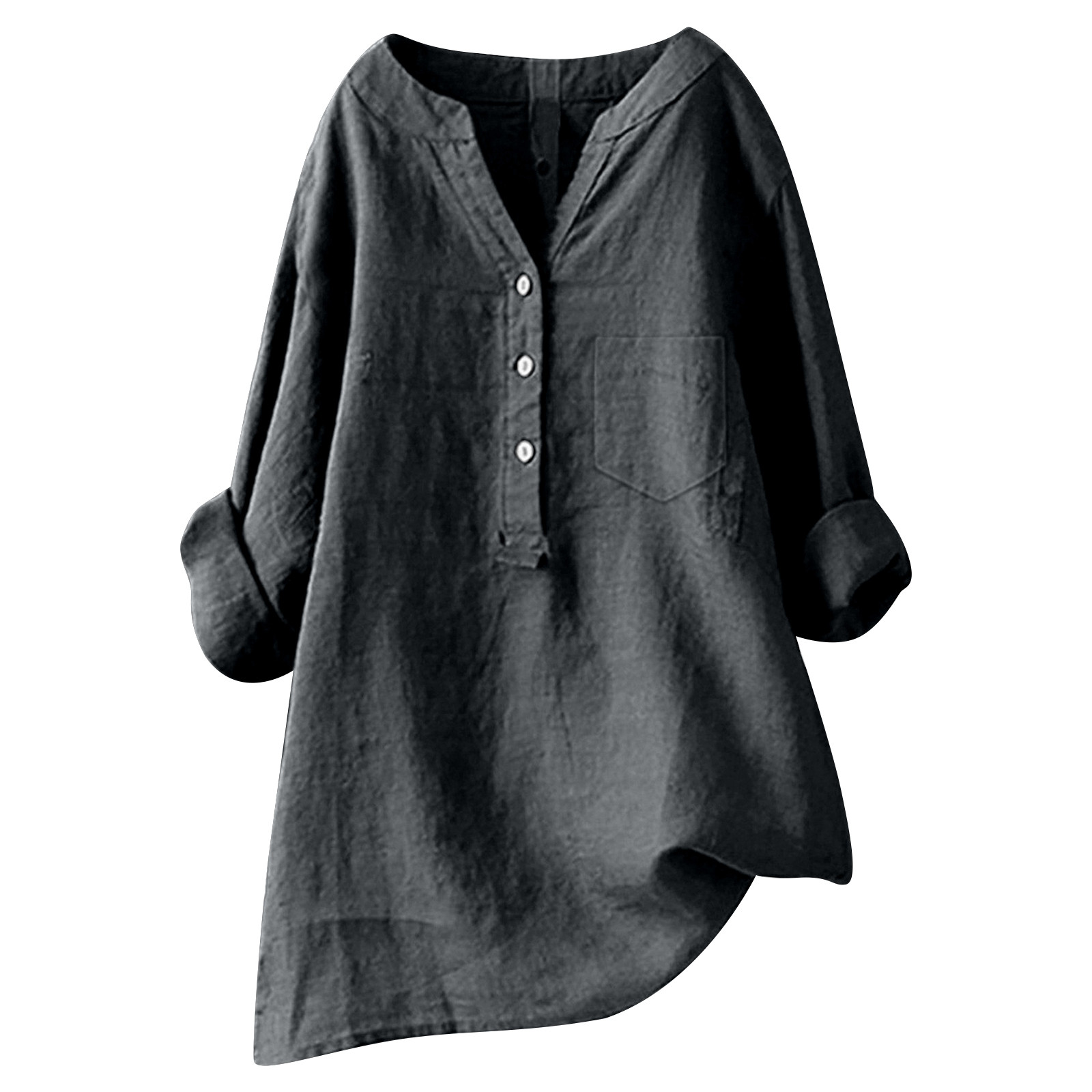 thumbnail image 4 of Camisa holgada de lino liso para mujer: manga larga abotonada, cuello mao, mezcla de poliéster, elegante e informal, 4 of 4
